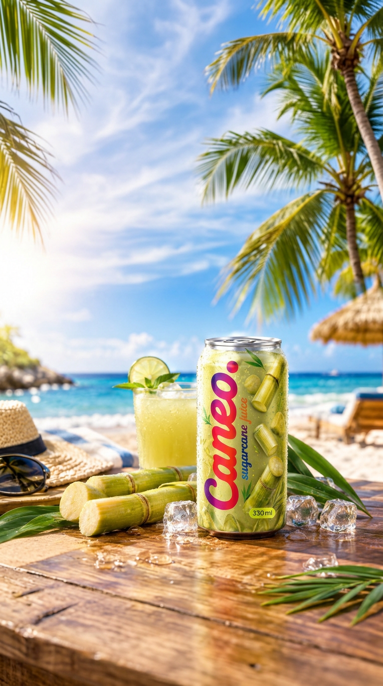 Chilled CANEO can on a tropical beach table
